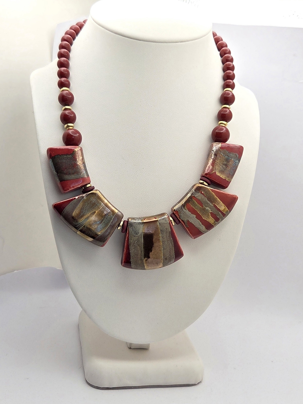 Vintage Japan Red & Gold Ceramic Statement Necklace - 17.5" Art Pottery